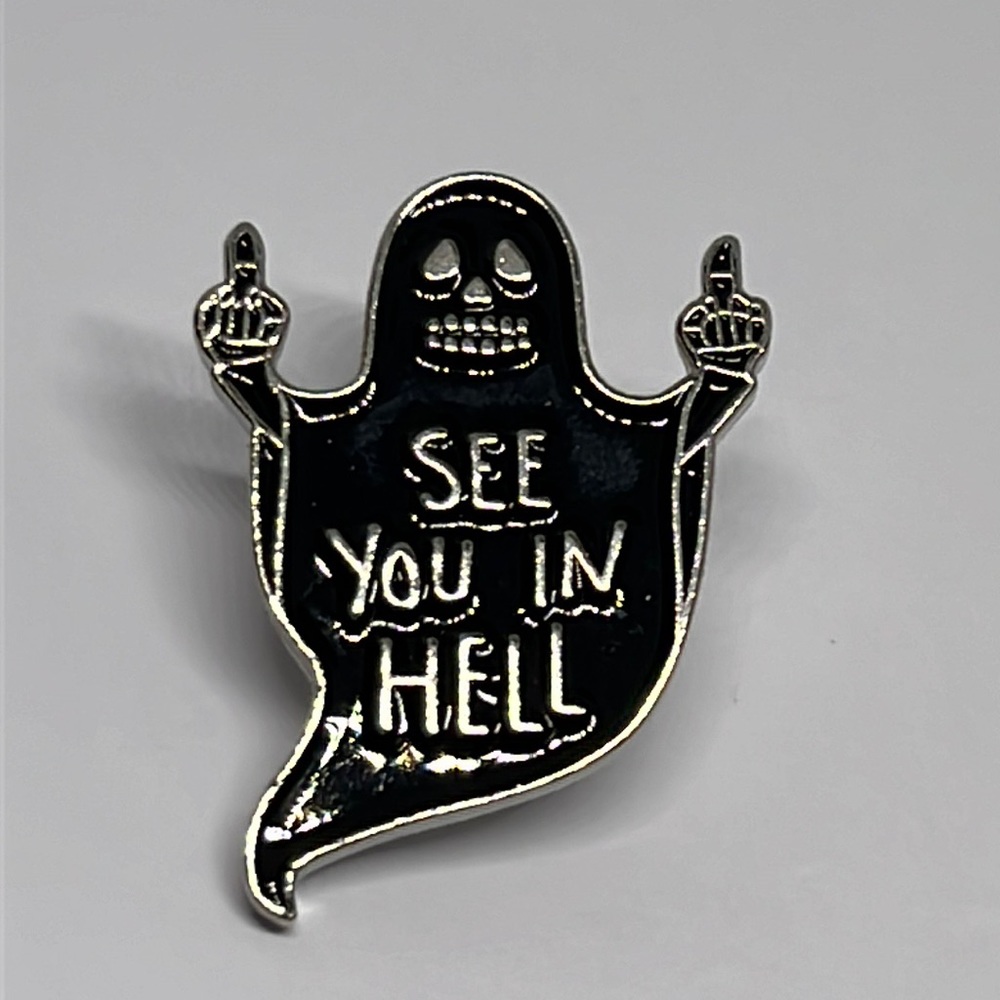 See you in hell. Ghost‎ flipping off. Halloween brooch lapel pin backpack